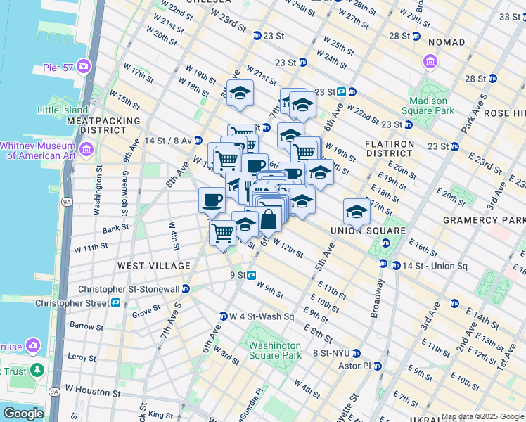 map of restaurants, bars, coffee shops, grocery stores, and more near 117 West 13th Street in New York