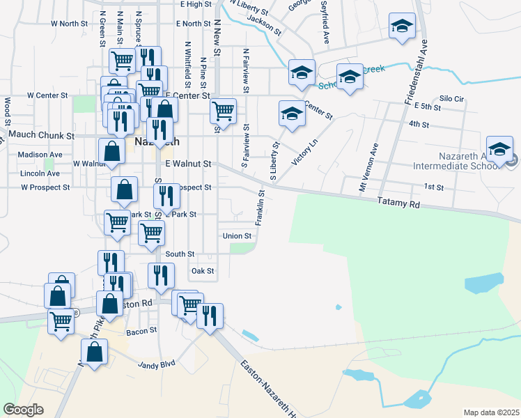 map of restaurants, bars, coffee shops, grocery stores, and more near 221 Franklin Street in Nazareth