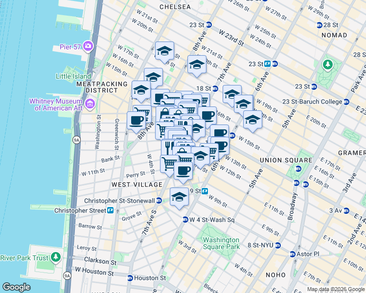 map of restaurants, bars, coffee shops, grocery stores, and more near 7th Avenue & West 12th Street in New York