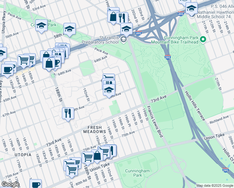 map of restaurants, bars, coffee shops, grocery stores, and more near 196-21 69th Avenue in Queens