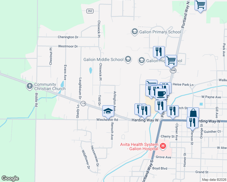 map of restaurants, bars, coffee shops, grocery stores, and more near 135 Arlington Avenue in Galion