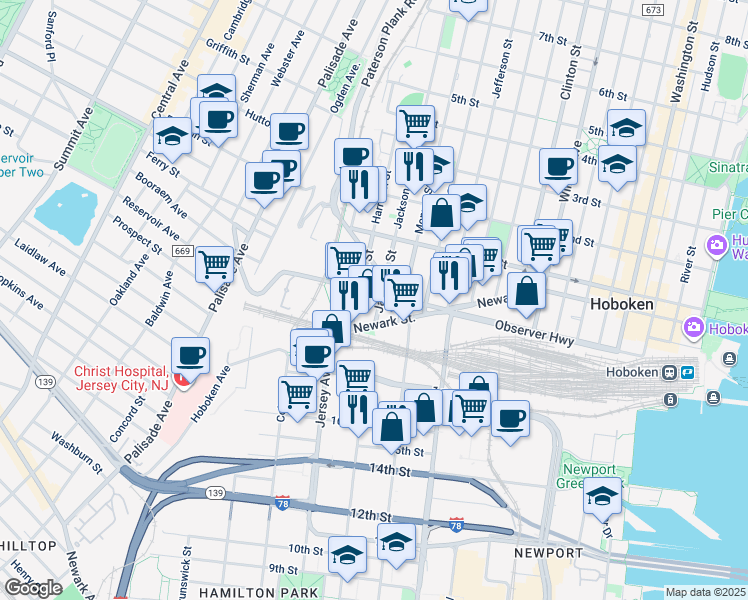 map of restaurants, bars, coffee shops, grocery stores, and more near 610 Newark Street in Hoboken