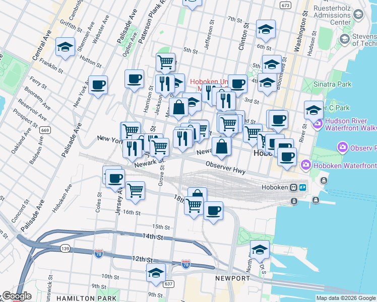 map of restaurants, bars, coffee shops, grocery stores, and more near 462 Newark Street in Hoboken