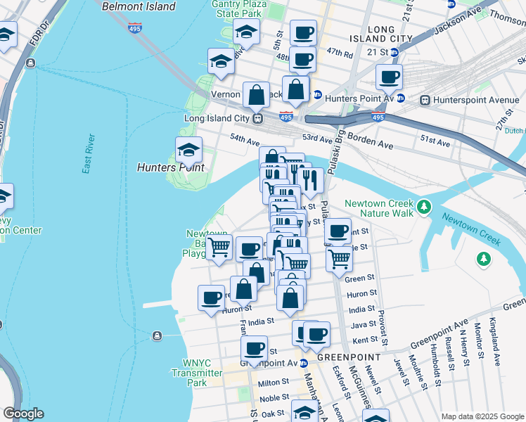 map of restaurants, bars, coffee shops, grocery stores, and more near 18 Box Street in Brooklyn