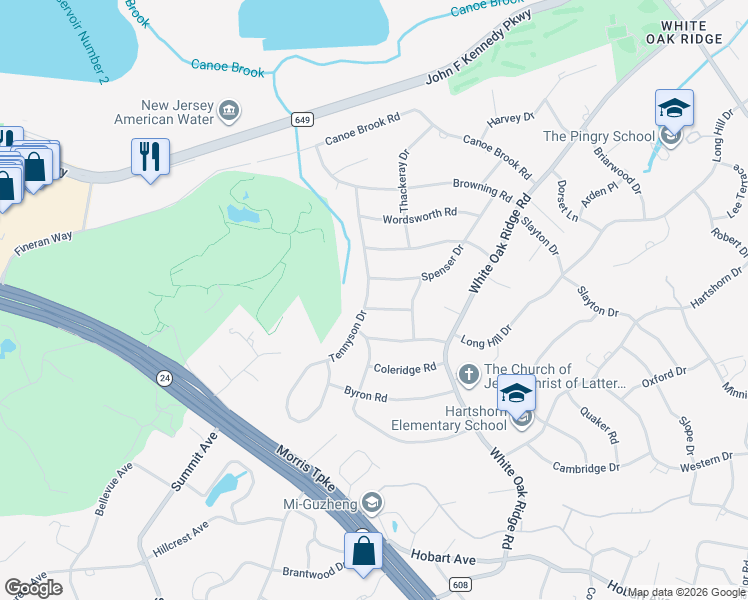 map of restaurants, bars, coffee shops, grocery stores, and more near 128 Tennyson Drive in Essex County
