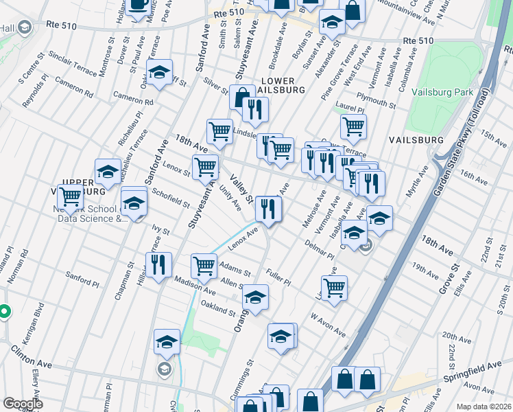 map of restaurants, bars, coffee shops, grocery stores, and more near 16 Valley Street in Newark