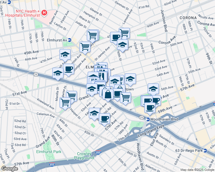 map of restaurants, bars, coffee shops, grocery stores, and more near 8629 Broadway in Queens