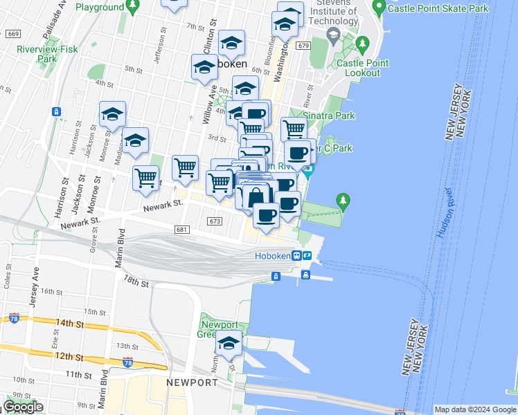 map of restaurants, bars, coffee shops, grocery stores, and more near in Hoboken