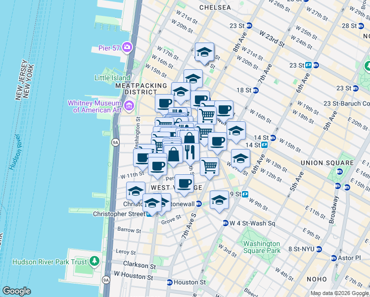 map of restaurants, bars, coffee shops, grocery stores, and more near 310 W 4th Street in New York