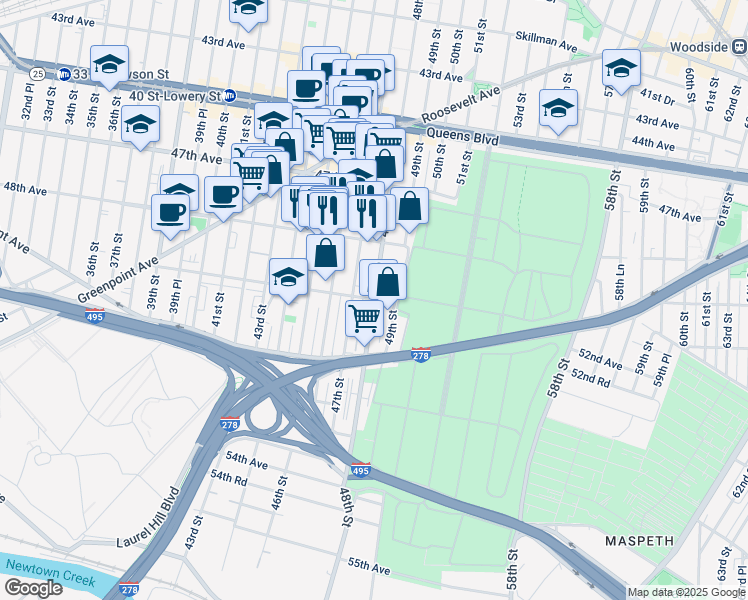 map of restaurants, bars, coffee shops, grocery stores, and more near 48th St & 50th Ave in Queens