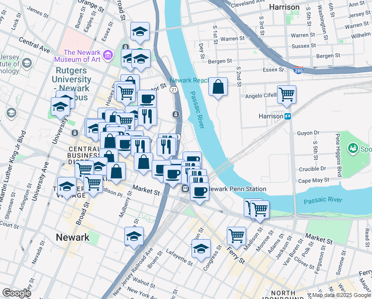 map of restaurants, bars, coffee shops, grocery stores, and more near 42 River Street in Newark