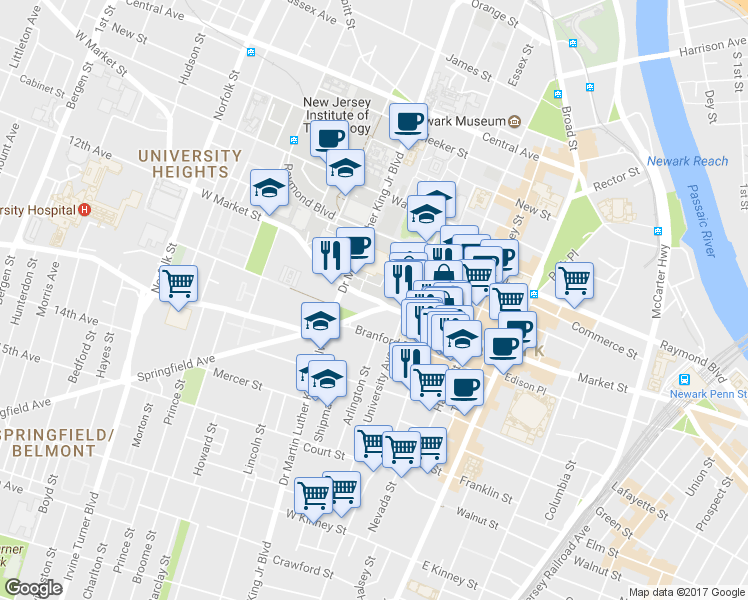 map of restaurants, bars, coffee shops, grocery stores, and more near 302 Market Street in Newark