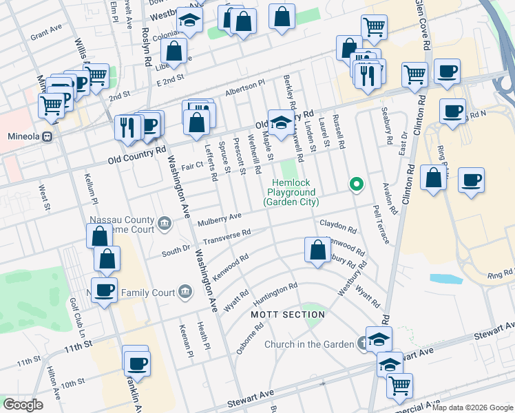 map of restaurants, bars, coffee shops, grocery stores, and more near 53 Mulberry Avenue in Garden City