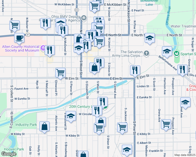 map of restaurants, bars, coffee shops, grocery stores, and more near 300 South Main Street in Lima