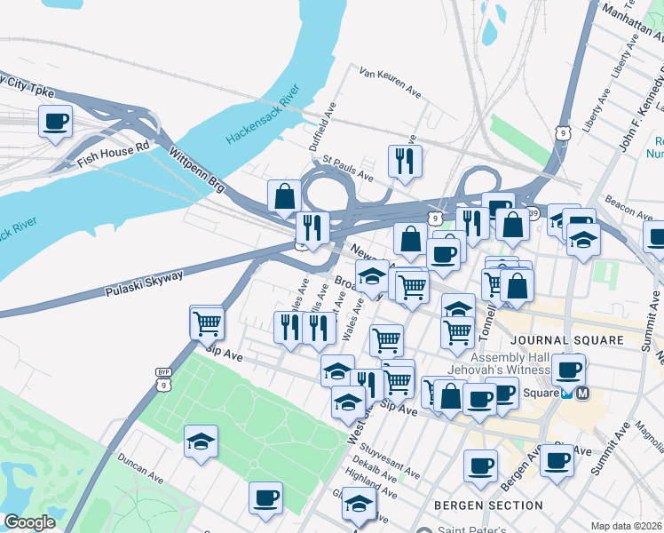map of restaurants, bars, coffee shops, grocery stores, and more near 105 Wallis Avenue in Jersey City