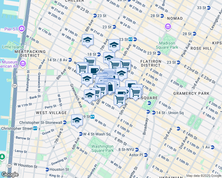 map of restaurants, bars, coffee shops, grocery stores, and more near 55 West 14th Street in New York