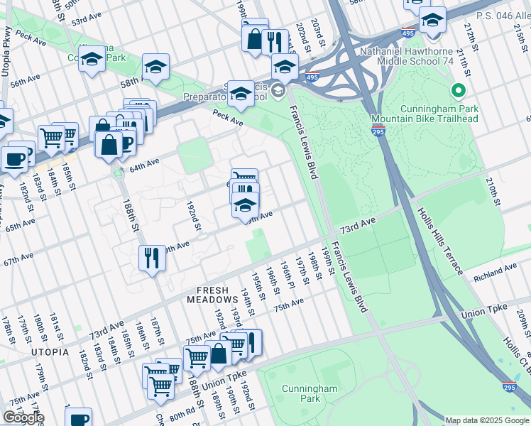 map of restaurants, bars, coffee shops, grocery stores, and more near 196-35 69th Avenue in Queens