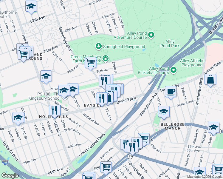 map of restaurants, bars, coffee shops, grocery stores, and more near 7805 Springfield Boulevard in Queens