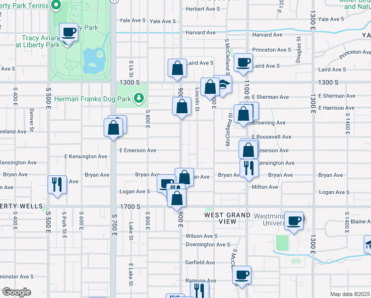 map of restaurants, bars, coffee shops, grocery stores, and more near 1504 900 East in Salt Lake City