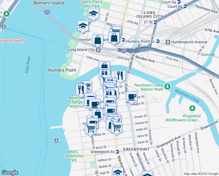 map of restaurants, bars, coffee shops, grocery stores, and more near Manhattan Avenue & Box Street in Brooklyn