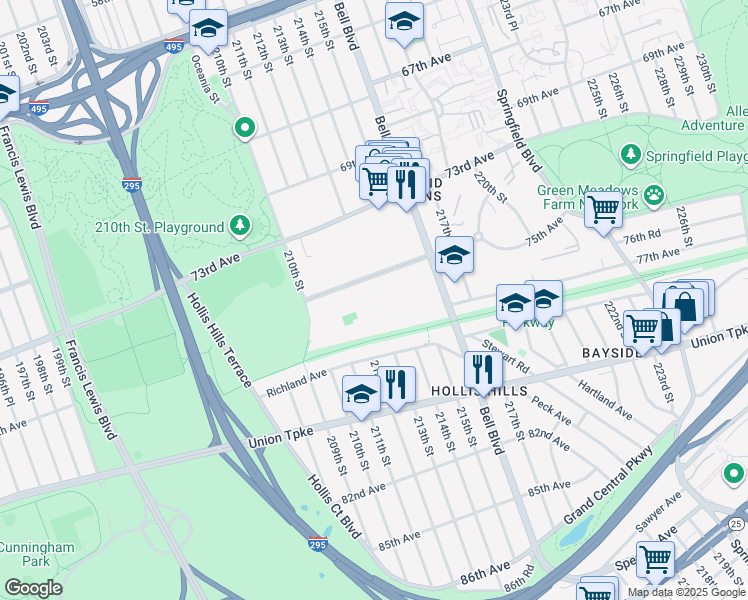 map of restaurants, bars, coffee shops, grocery stores, and more near 212-8 75th Avenue in Queens