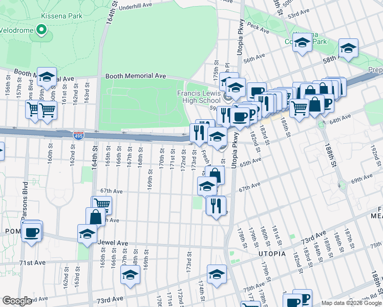 map of restaurants, bars, coffee shops, grocery stores, and more near 61-35 172nd Street in Queens