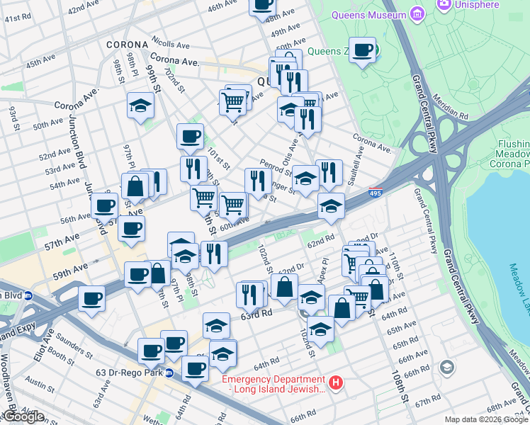 map of restaurants, bars, coffee shops, grocery stores, and more near 99-11 60th Avenue in Queens
