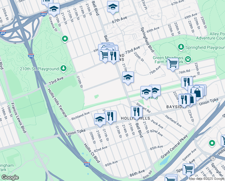map of restaurants, bars, coffee shops, grocery stores, and more near 75-36 Bell Boulevard in Queens