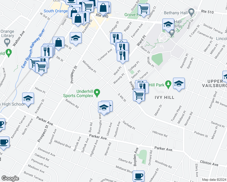 map of restaurants, bars, coffee shops, grocery stores, and more near 428 South 4th Street in Maplewood
