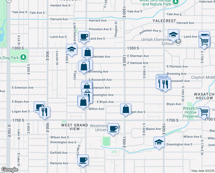 map of restaurants, bars, coffee shops, grocery stores, and more near 1206 East Emerson Avenue in Salt Lake City