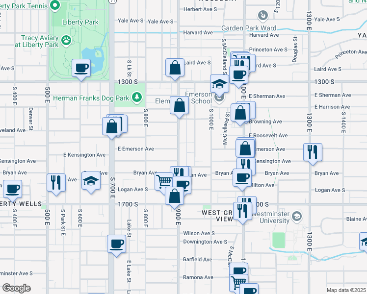 map of restaurants, bars, coffee shops, grocery stores, and more near 1504 900 East in Salt Lake City