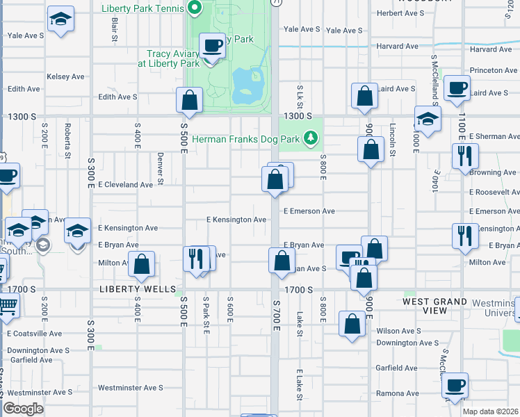 map of restaurants, bars, coffee shops, grocery stores, and more near 675 Kensington Avenue in Salt Lake City