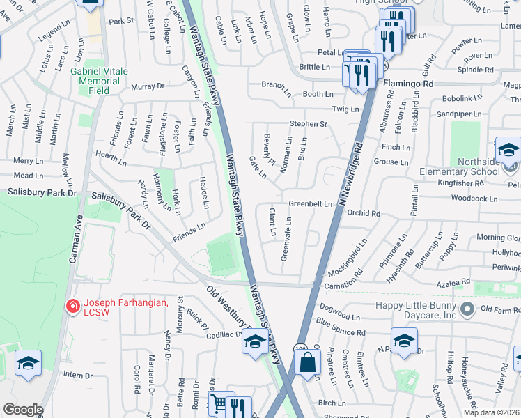 map of restaurants, bars, coffee shops, grocery stores, and more near 10 Giant Lane in Levittown