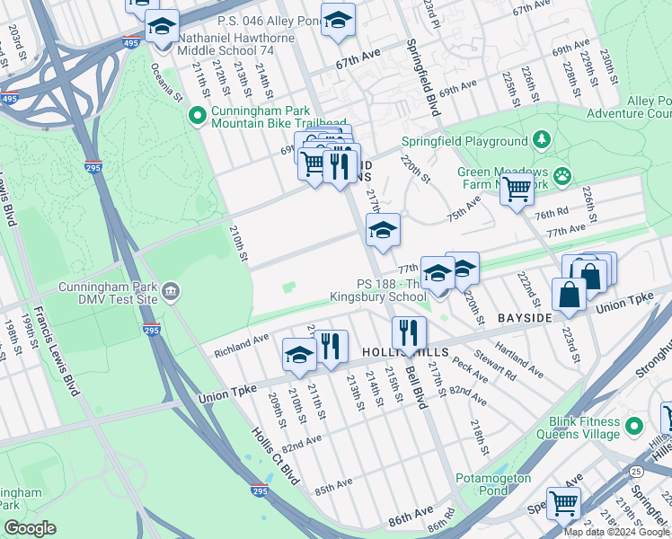 map of restaurants, bars, coffee shops, grocery stores, and more near 75-36 Bell Boulevard in Queens