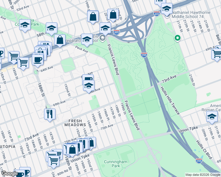 map of restaurants, bars, coffee shops, grocery stores, and more near 69-25 198th Street in Queens