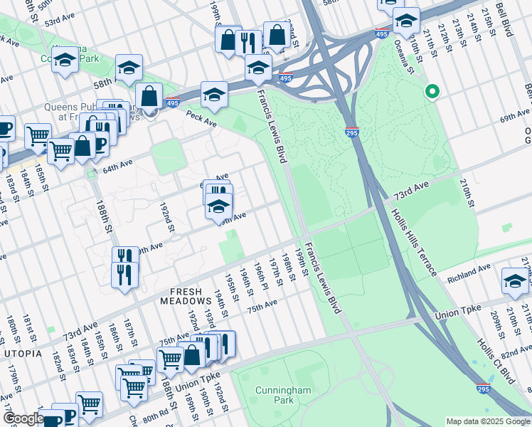 map of restaurants, bars, coffee shops, grocery stores, and more near 69-10 197th Street in Queens