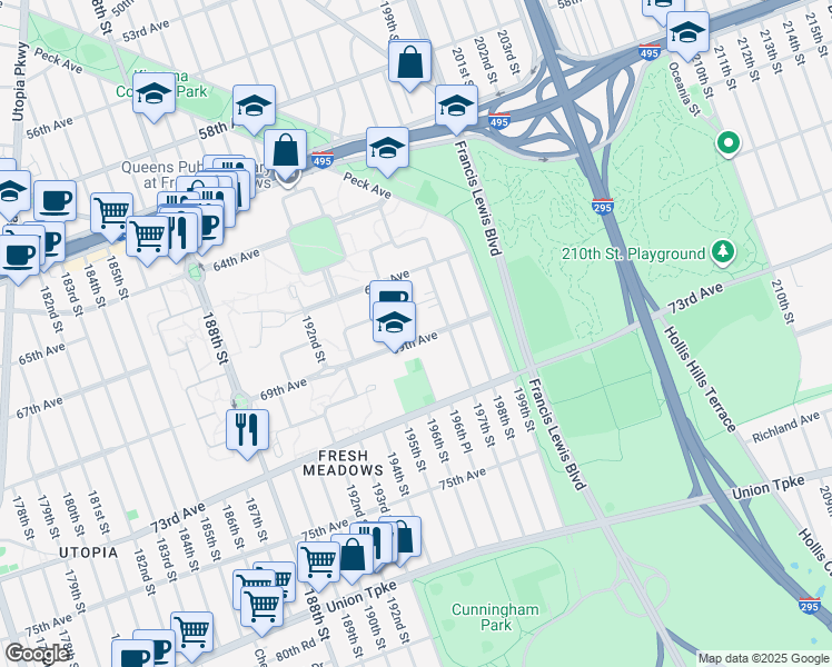 map of restaurants, bars, coffee shops, grocery stores, and more near 196-66 69th Avenue in Queens
