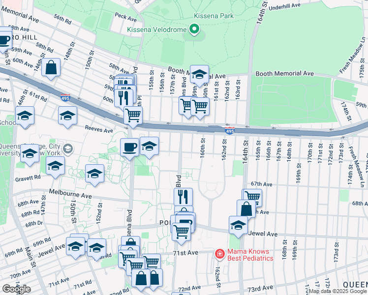map of restaurants, bars, coffee shops, grocery stores, and more near 157-19 65th Avenue in Queens
