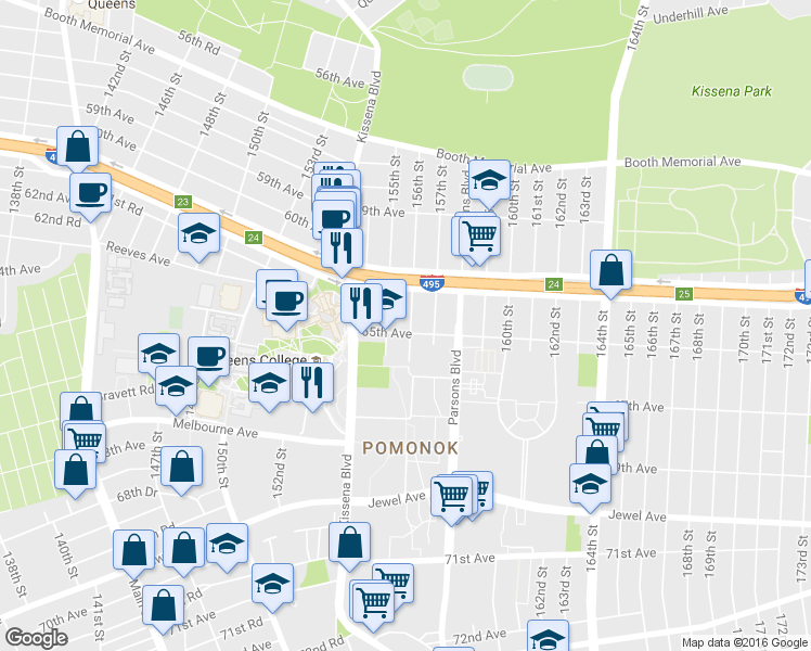 map of restaurants, bars, coffee shops, grocery stores, and more near 156-06 65th Avenue in Queens