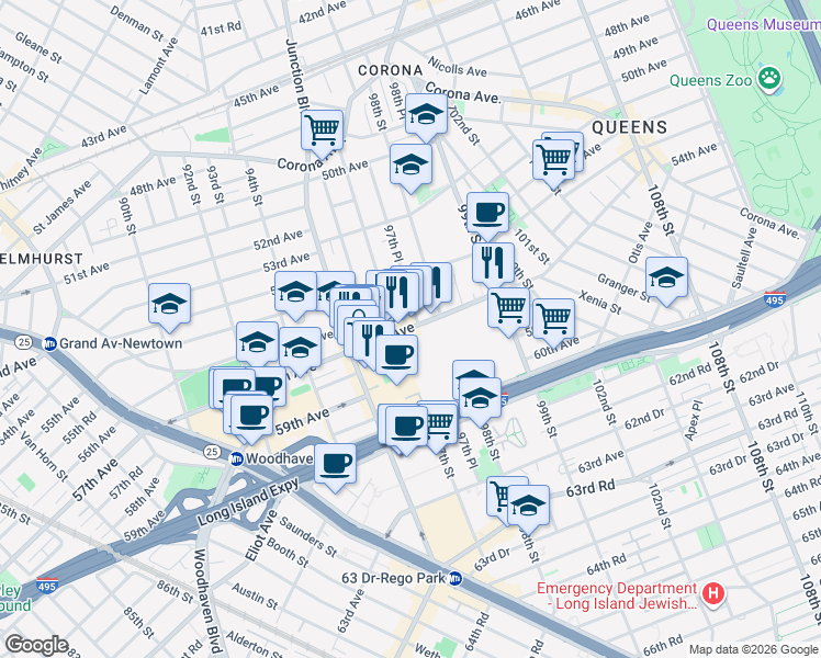 map of restaurants, bars, coffee shops, grocery stores, and more near 97-20 57th Avenue in Queens