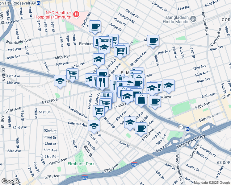 map of restaurants, bars, coffee shops, grocery stores, and more near in Queens