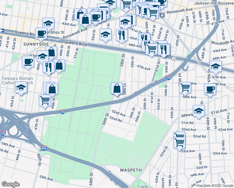 map of restaurants, bars, coffee shops, grocery stores, and more near 48-55 58th Place in Queens