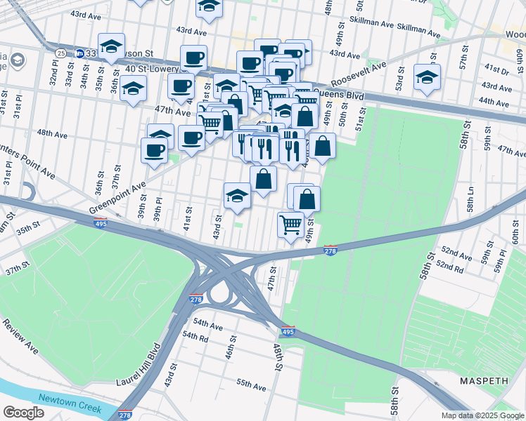 map of restaurants, bars, coffee shops, grocery stores, and more near 50-12 46th Street in Queens