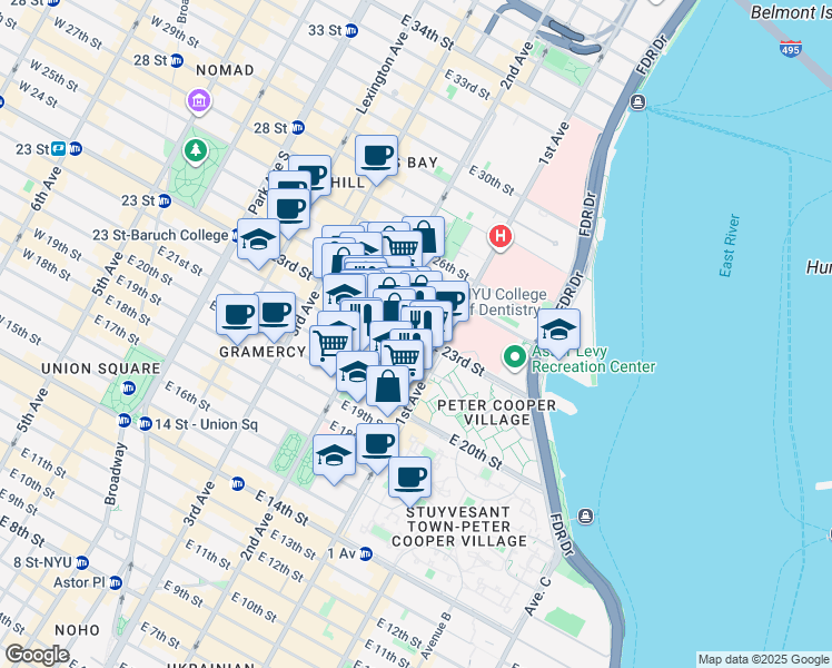 map of restaurants, bars, coffee shops, grocery stores, and more near 320 East 23rd Street in New York
