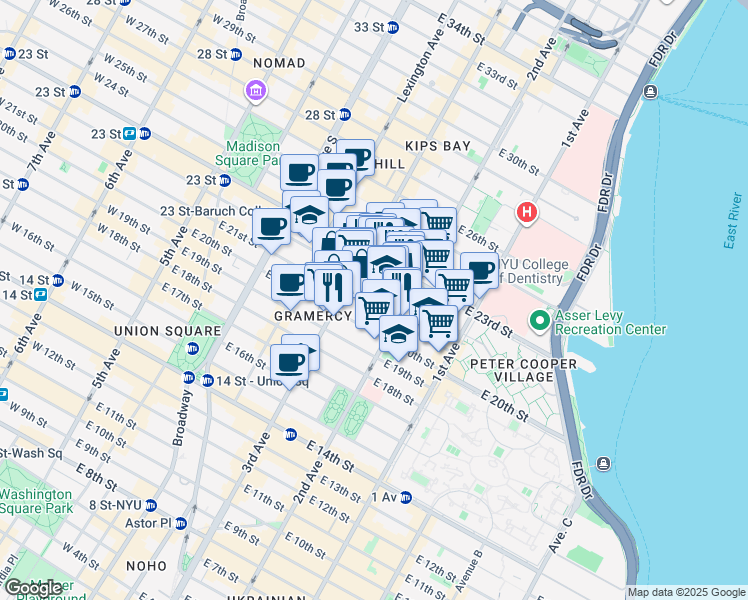 map of restaurants, bars, coffee shops, grocery stores, and more near 224 East 21st Street in New York
