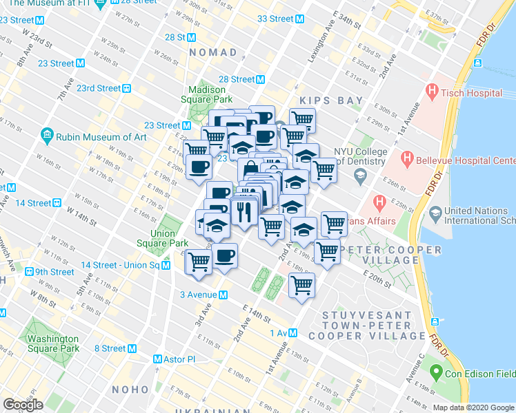 map of restaurants, bars, coffee shops, grocery stores, and more near in New York