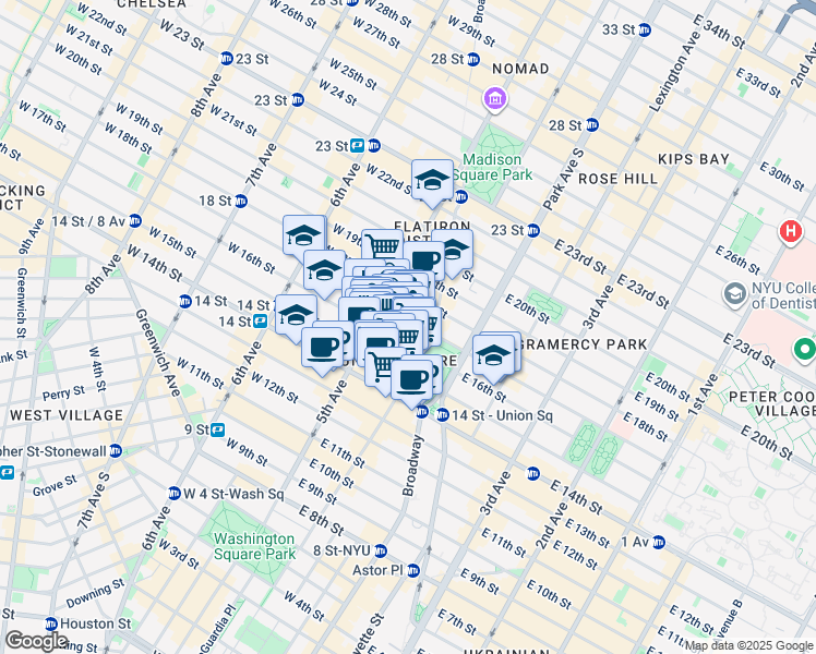 map of restaurants, bars, coffee shops, grocery stores, and more near 12 East 16th Street in New York