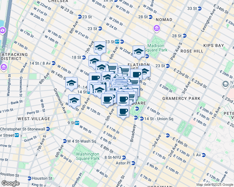 map of restaurants, bars, coffee shops, grocery stores, and more near 110 5th Avenue in New York