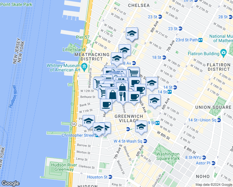 map of restaurants, bars, coffee shops, grocery stores, and more near in New York