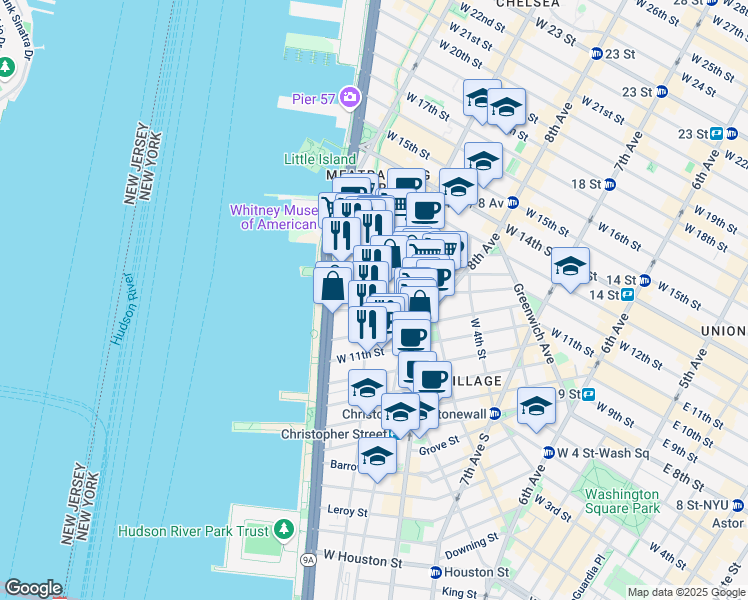 map of restaurants, bars, coffee shops, grocery stores, and more near 756 Washington Street in New York